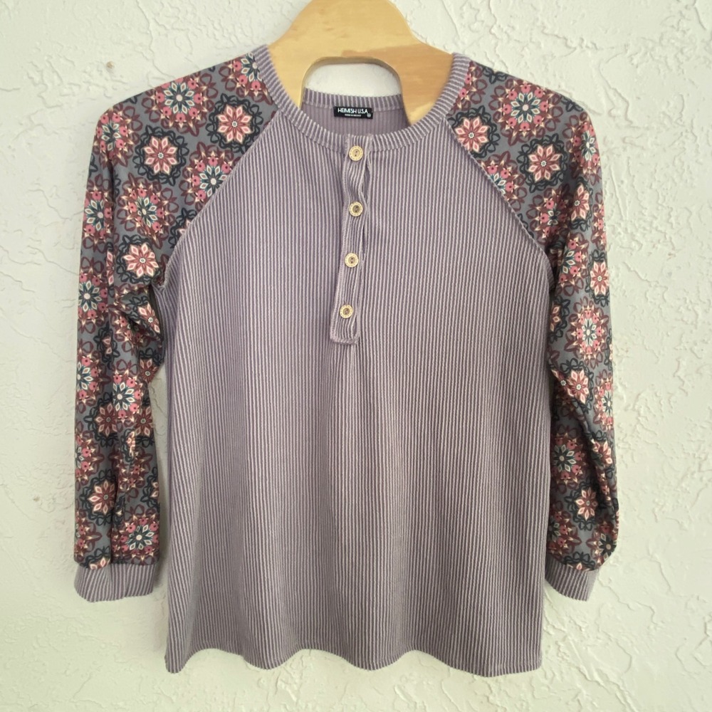 Heimish USA Henley Tunic Top Womens 3X Purple Ribbed Raglan Floral Long Sleeve